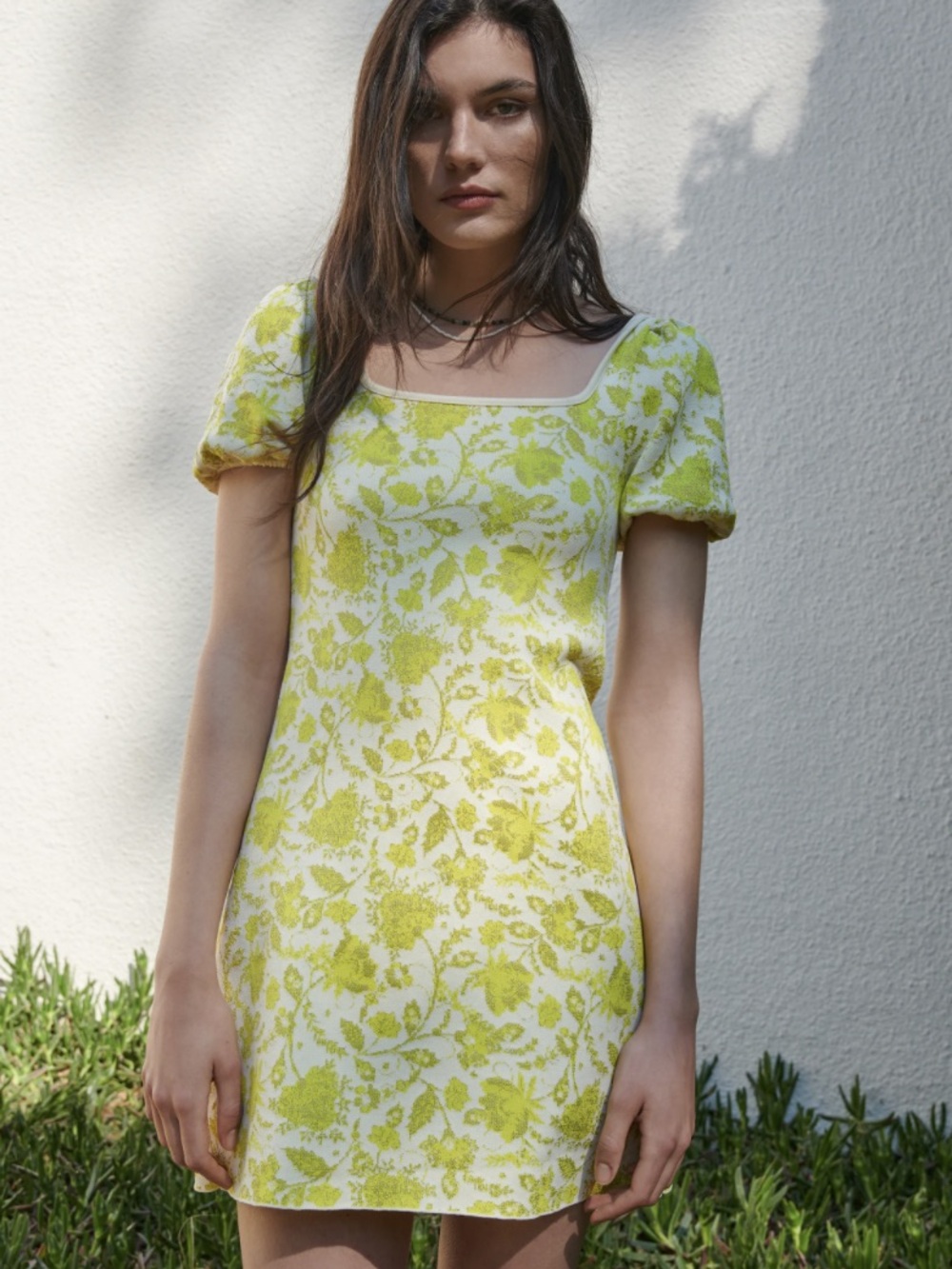 Zara Chartreuse Floral Jacquard Knit Mini Dress Puff Sleeve Boho Preppy Size L
